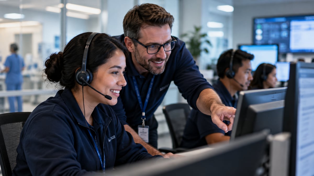 Healthcare IT service desk professionals collaborating to provide integrated technical support in a modern hospital environment.